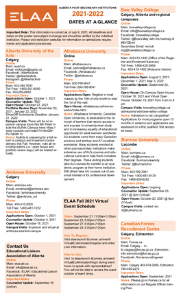 2021-2022 Calgary, Alberta and Regional Campuses DATES at a GLANCE Online Main: Bowvalleycollege.Ca Important Note: This Information Is Correct As of July 9, 2021