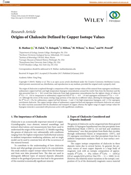 Research Article Origins of Chalcocite Defined by Copper Isotope Values