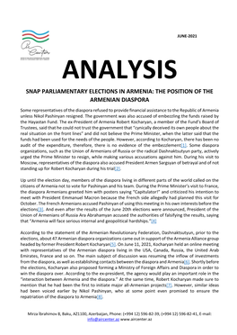 Snap Parliamentary Elections in Armenia: the Position of the Armenian Diaspora