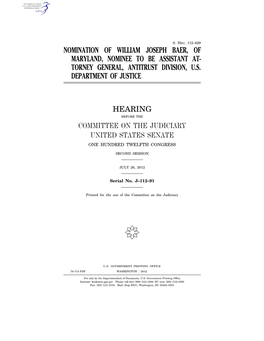 Nomination of William Joseph Baer, of Maryland, Nominee to Be Assistant At- Torney General, Antitrust Division, U.S