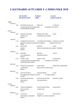 Calendario Actuamos Y a Todo Folk 2018