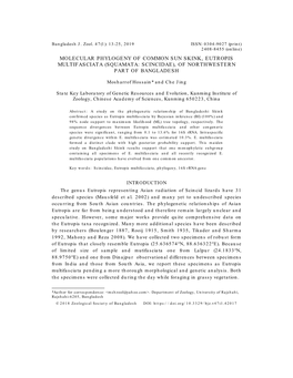 Molecular Phylogeny of Common Sun Skink, Eutropis Multifasciata (Squamata: Scincidae), of Northwestern Part of Bangladesh