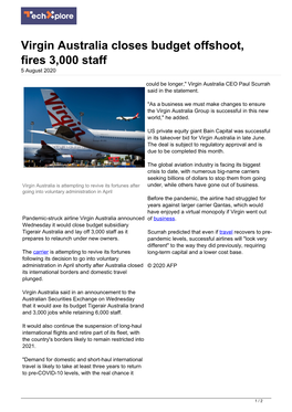 Virgin Australia Closes Budget Offshoot, Fires 3,000 Staff 5 August 2020