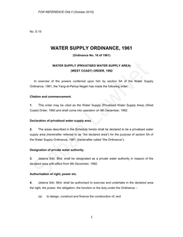 Water Supply (Privatised Water Supply Area) (West Coast) Order, 1992