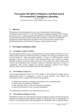 Norwegian Oil Spill Contingency and Risk Based Governmental Contingency Planning