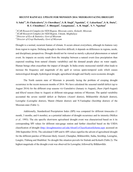 Recent Rainfall Update for Monsoon 2014: Mizoram Facing Drought