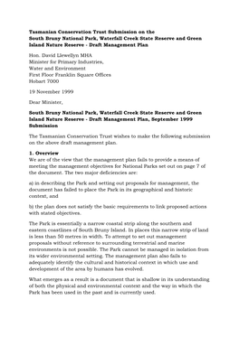 Tasmanian Conservation Trust Submission on the South Bruny National Park, Waterfall Creek State Reserve and Green Island Nature Reserve - Draft Management Plan