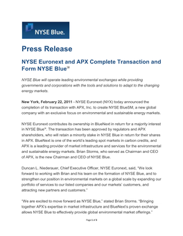 NYSE Euronext and APX Complete Transaction and Form NYSE Blue℠