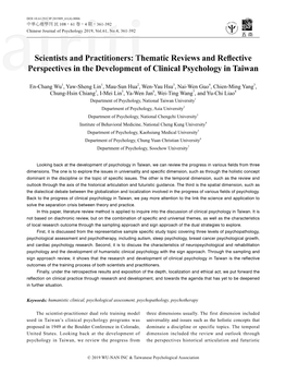 Scientists and Practitioners: Thematic Reviews and Reflective Perspectives in the Development of Clinical Psychology in Taiwan