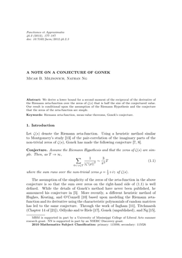 A NOTE on a CONJECTURE of GONEK Micah B