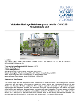 Victorian Heritage Database Place Details - 30/9/2021 FORMER ROYAL MINT