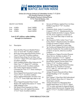 Online & In-House Antique & Collectibles Auction 7-17-2014 16% Buyers Premium In-House 18% Buyers Premium Online/Phone 7