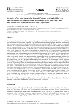 Coleoptera: Coccinellidae) and Description of a New Phytophagous, Silk-Spinning Genus from Costa Rica That Induces Food Bodies on Leaves of Piper (Piperaceae)