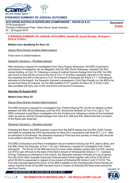 STEWARDS SUMMARY of JUDICIAL OUTCOMES Page