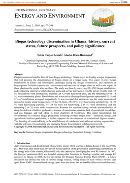 Biogas Technology Dissemination in Ghana: History, Current Status, Future Prospects, and Policy Significance