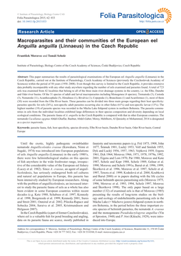 Macroparasites and Their Communities of the European Eel Anguilla Anguilla (Linnaeus) in the Czech Republic