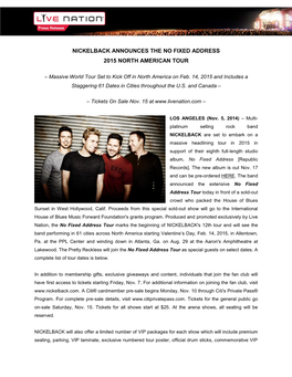 Nickelback Announces the No Fixed Address 2015 North American Tour