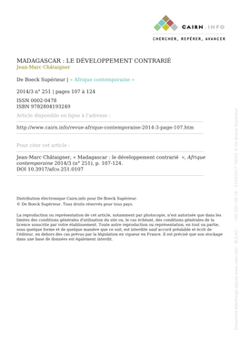 MADAGASCAR : LE DÉVELOPPEMENT CONTRARIÉ Jean-Marc Châtaigner