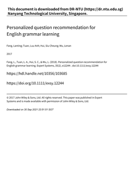 Personalized Question Recommendation for English Grammar Learning