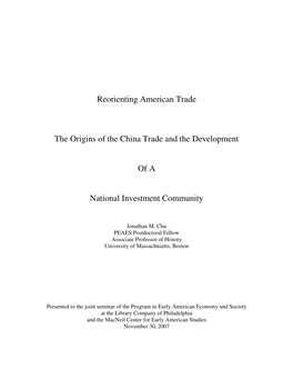 Reorienting American Trade the Origins of the China Trade and The