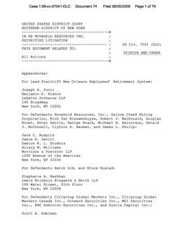 In Re Novagold Resources Inc. Securities Litigation 08-CV-07041