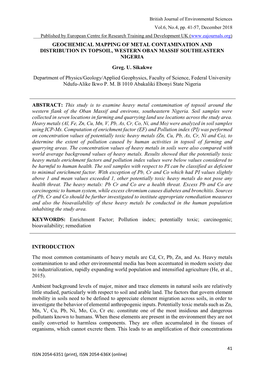 GEOCHEMICAL MAPPING of METAL CONTAMINATION and DISTRIBUTION in TOPSOIL, WESTERN OBAN MASSIF SOUTHEASTERN NIGERIA Greg. U. Sikakw