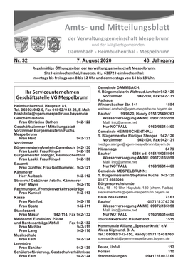 Amts- Und Mitteilungsblatt Der Verwaltungsgemeinschaft Mespelbrunn Und Der Mitgliedsgemeinden Dammbach - Heimbuchenthal - Mespelbrunn Nr