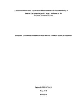 A Thesis Submitted to the Department of Environmental Sciences and Policy of Central European University in Part Fulfilment of the Degree of Master of Science