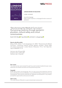 'Decolonising the Medical Curriculum': Humanising Medicine