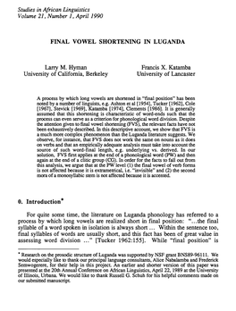 FINAL VOWEL SHORTENING in LUGANDA Larry M. Hyman