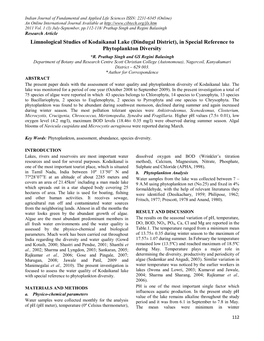 Limnological Studies of Kodaikanal Lake (Dindugal District), in Special Reference to Phytoplankton Diversity *R