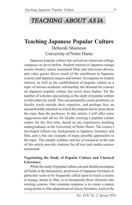 Teaching Japanese Popular Culture TEACHING ABOUT ASIA