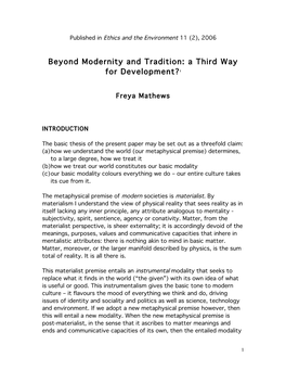 Beyond Modernity and Tradition: a Third Way for Development?I