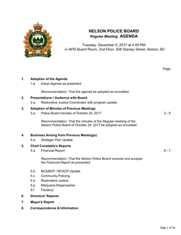 NELSON POLICE BOARD Regular Meeting AGENDA