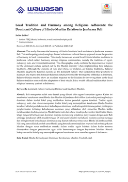 Local Tradition and Harmony Among Religious Adherents: the Dominant Culture of Hindu-Muslim Relation in Jembrana Bali