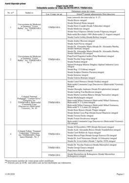 Anexă Dispoziţie Primar Alegeri Locale 2020 Delimitările Secţiilor De Votare Din MUNICIPIUL TIMIŞOARA Delimitare Secţie De Votare Nr