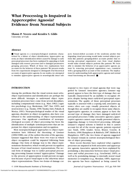 What Processing Is Impaired in Apperceptive Agnosia? Evidence from Normal Subjects