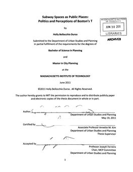 Subway Spaces As Public Places: Politics and Perceptions of Boston's T