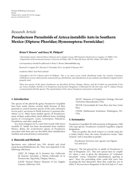 Pseudacteon Parasitoids of Azteca Instabilis Ants in Southern Mexico (Diptera: Phoridae; Hymenoptera: Formicidae)