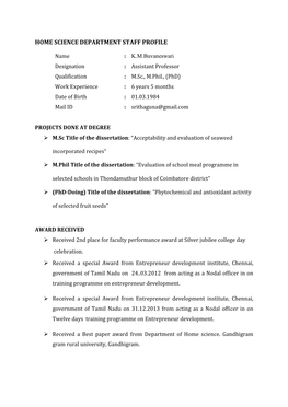 Home Science Department Staff Profile