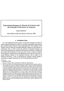 Expectation Damages for Breach of Contract and the Principle of Restitutio in Integrum Justin Orsborn* Joint Winner of the Law R