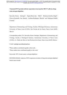 Truncated WT1 Protein Isoform Expression Is Increased in MCF-7 Cells in a Long-Term Estrogen Depletion