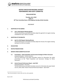 Performance and Audit Committee Agenda July 4, 2019