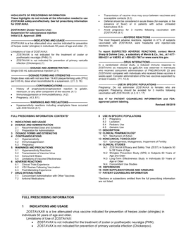 Full Prescribing Information 1 Indications and Usage Zostavax