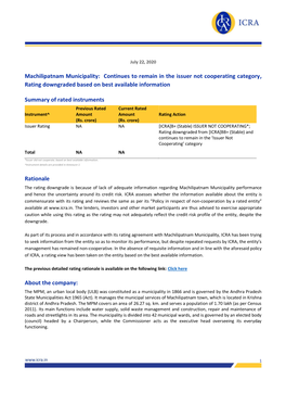 Machilipatnam Municipality: Continues to Remain in the Issuer Not Cooperating Category, Rating Downgraded Based on Best Available Information