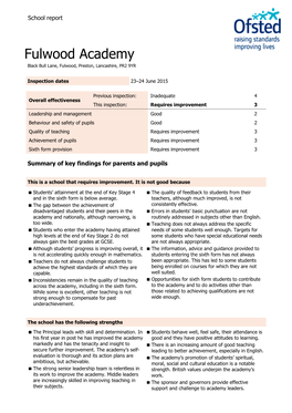 Fulwood Academy Black Bull Lane, Fulwood, Preston, Lancashire, PR2 9YR