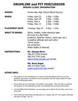 DRUMLINE and PIT PERCUSSION SPRING CLINIC INFORMATION