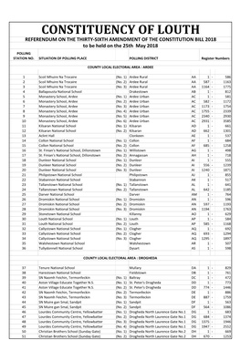 CONSTITUENCY of LOUTH REFERENDUM on the THIRTY-SIXTH AMENDMENT of the CONSTITUTION BILL 2018 to Be Held on the 25Th May 2018 POLLING STATION NO