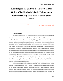 Knowledge As the Unity of the Intellect and the Object of Intellection in Islamic Philosophy: a Historical Survey from Plato to Mulla Sadra