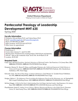 Pentecostal Theology of Leadership Development MHT 635 Spring 2020